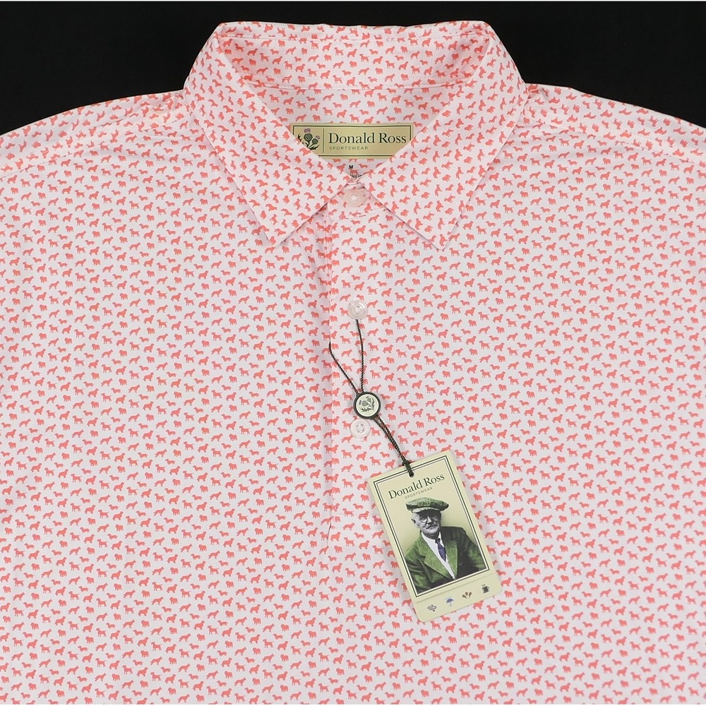 NEW Donald Ross Mens M Dog Print Golf Polo Shirt Salmon Ravisloe Country Club